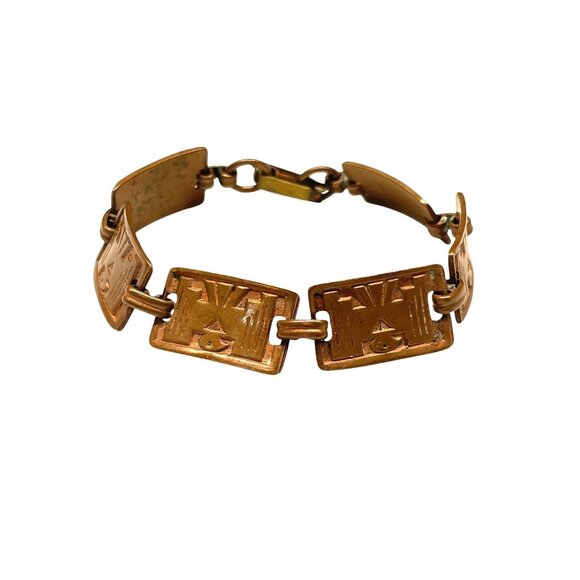 Vintage Copper Link Bracelet With Art Deco Design - Picture 2 of 9